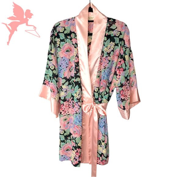 Victoria's Secret Other - VINTAGE VICTORIA'S SECRET Gold Label Dark Floral Satin Trim Robe